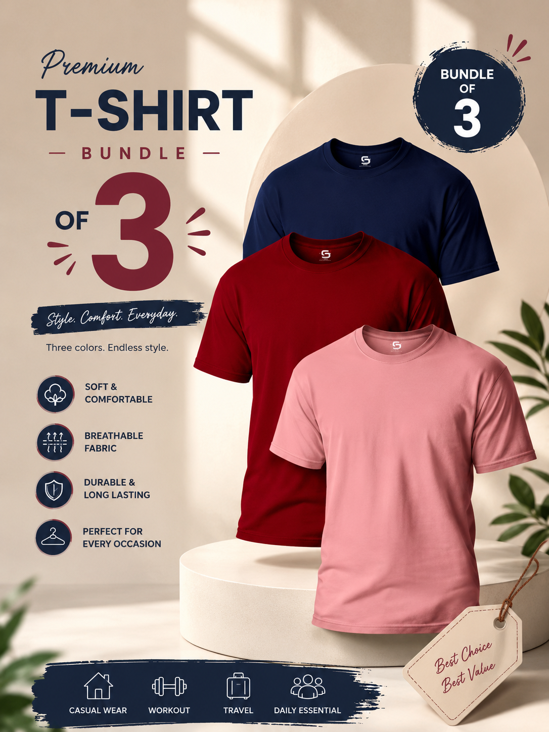 Premium Basic T-Shirts Pack of 3 | Comfortable For Men